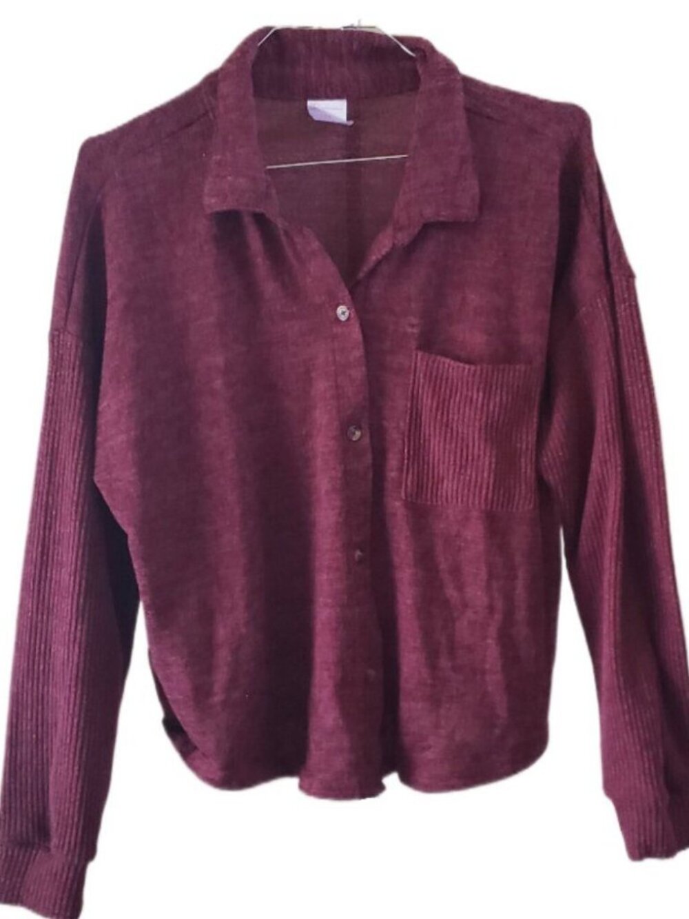NOBO No Boundaries Burgundy Button Down Collared Long Steeve Top with Pockets